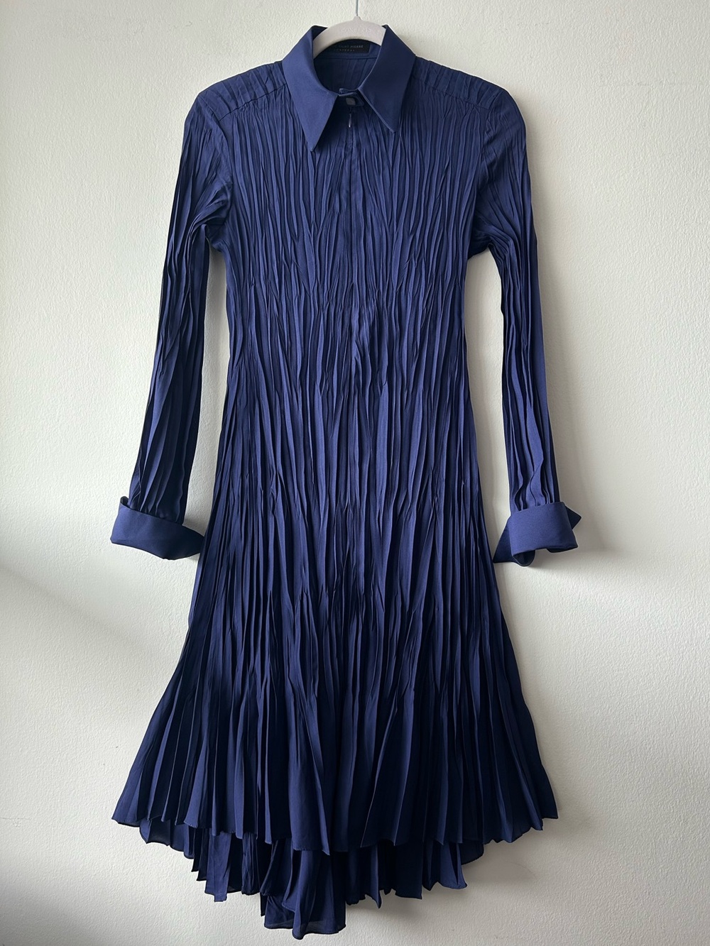 Marie Saint Pierre Pleated Long-Sleeve Shirt Dress in Purply Navy